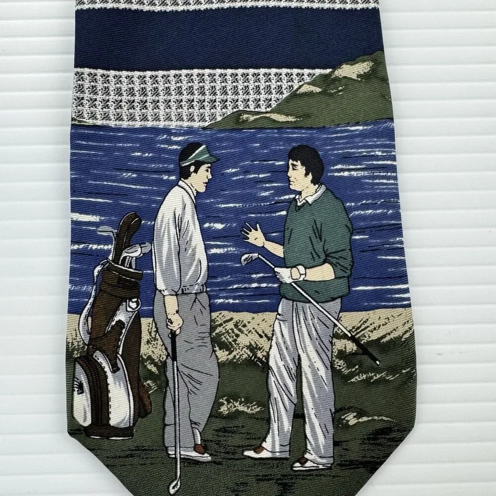 Pebble Beach Golf Tie Silk USA Blue Striped Scenic Golfer Novelty Necktie